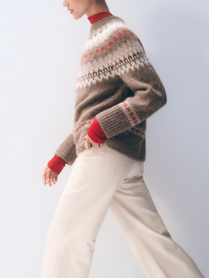 Alpaca Fair Isle Crewneck Sweater-Sweaters-White & Warren-Brown Combo-XS-Mercantile Portland