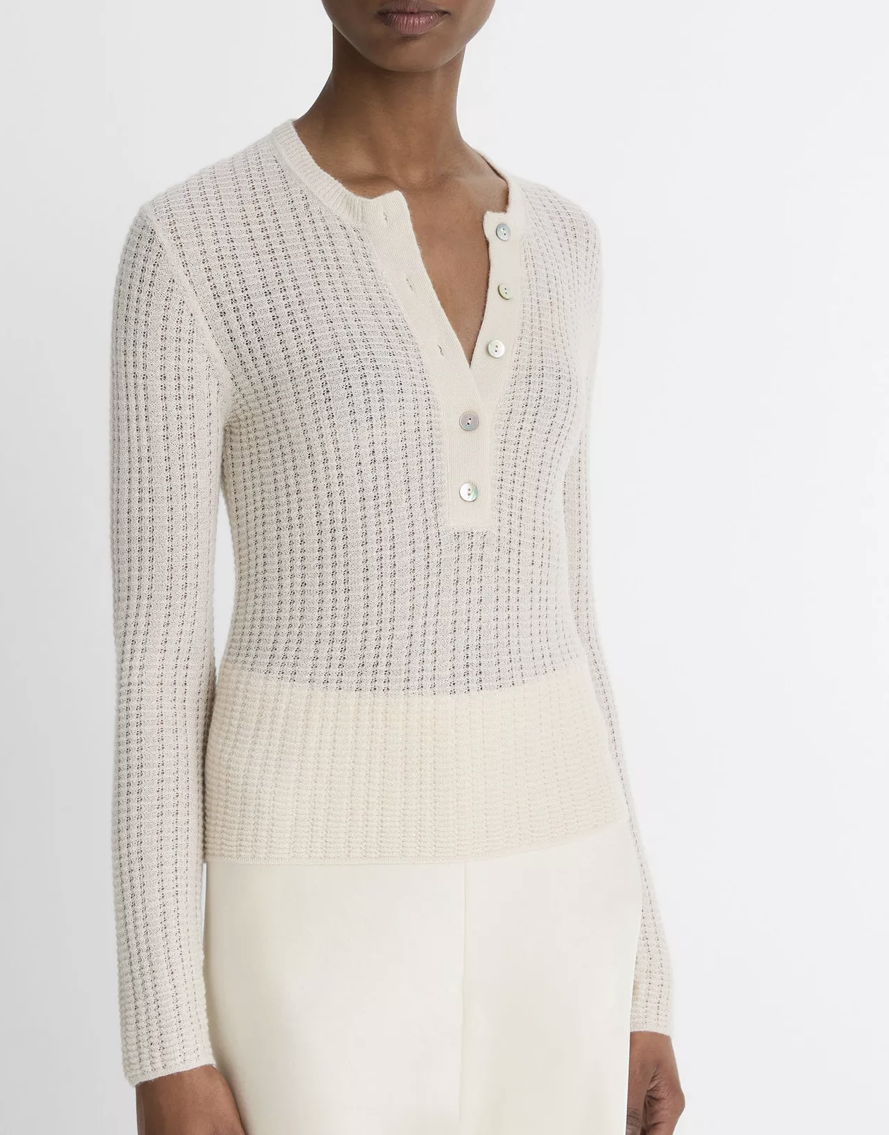 Cashmere-Silk Waffle-Knit Henley-Sweaters-Vince-Mojave-XXS-Mercantile Portland