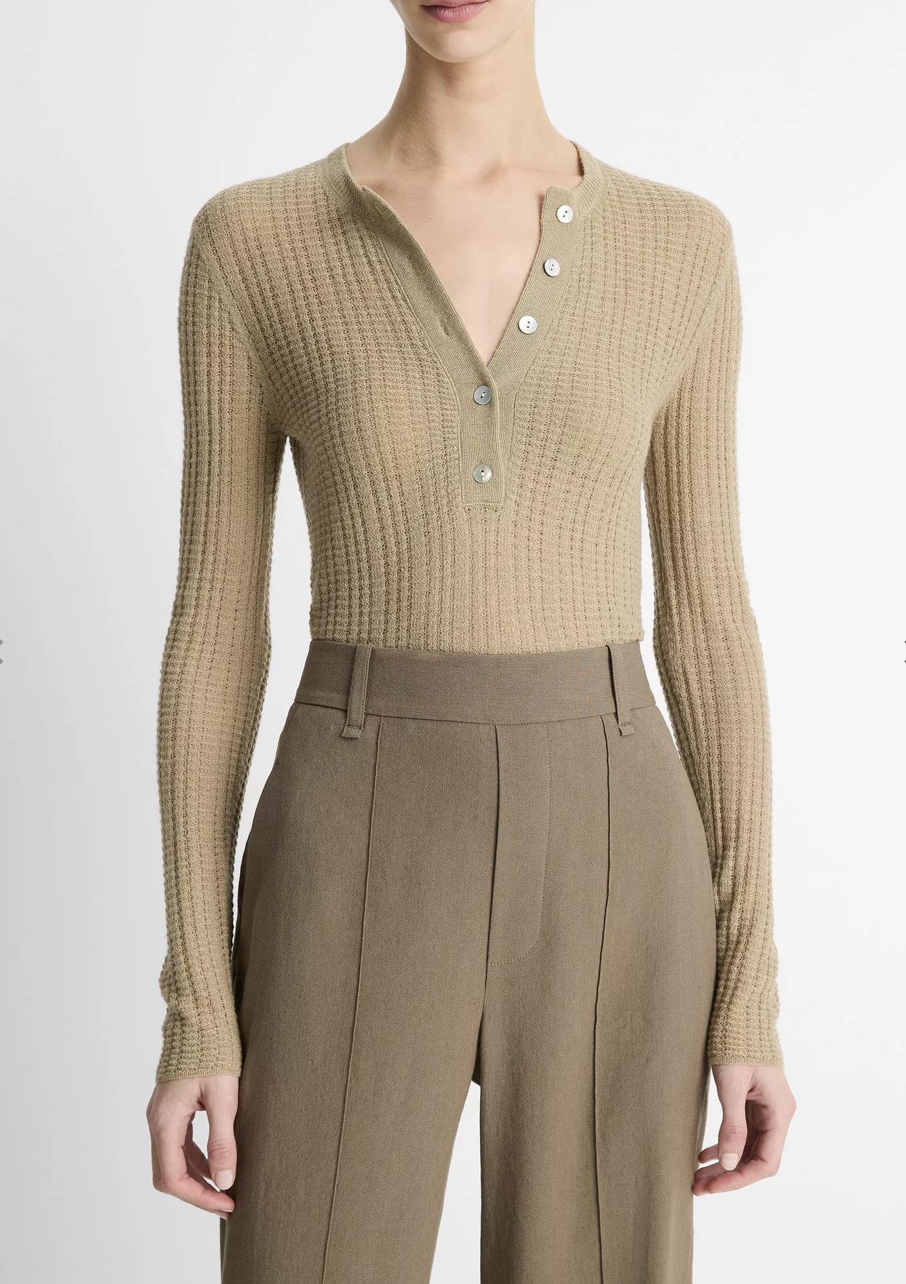 Cashmere-Silk Waffle-Knit Henley-Sweaters-Vince-Mojave-XXS-Mercantile Portland