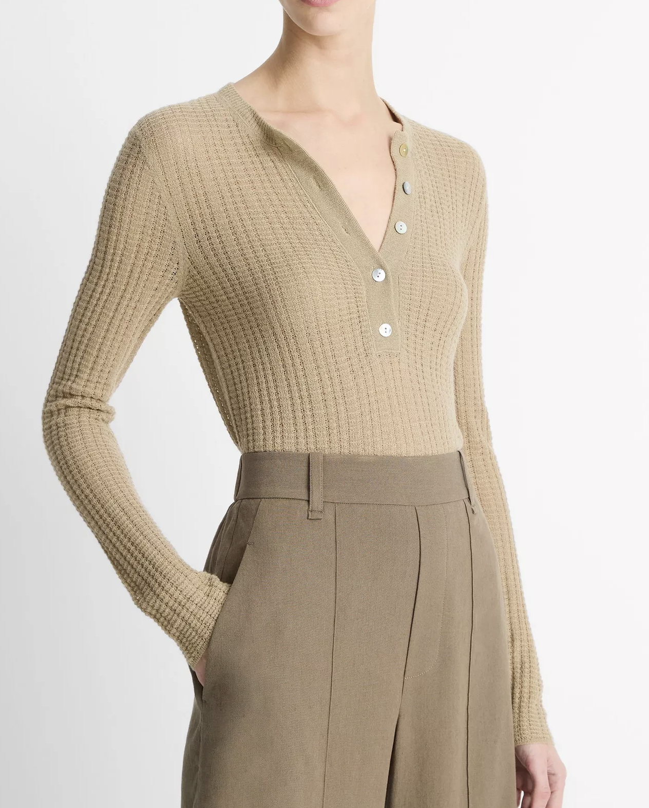 Cashmere-Silk Waffle-Knit Henley-Sweaters-Vince-Mojave-XXS-Mercantile Portland