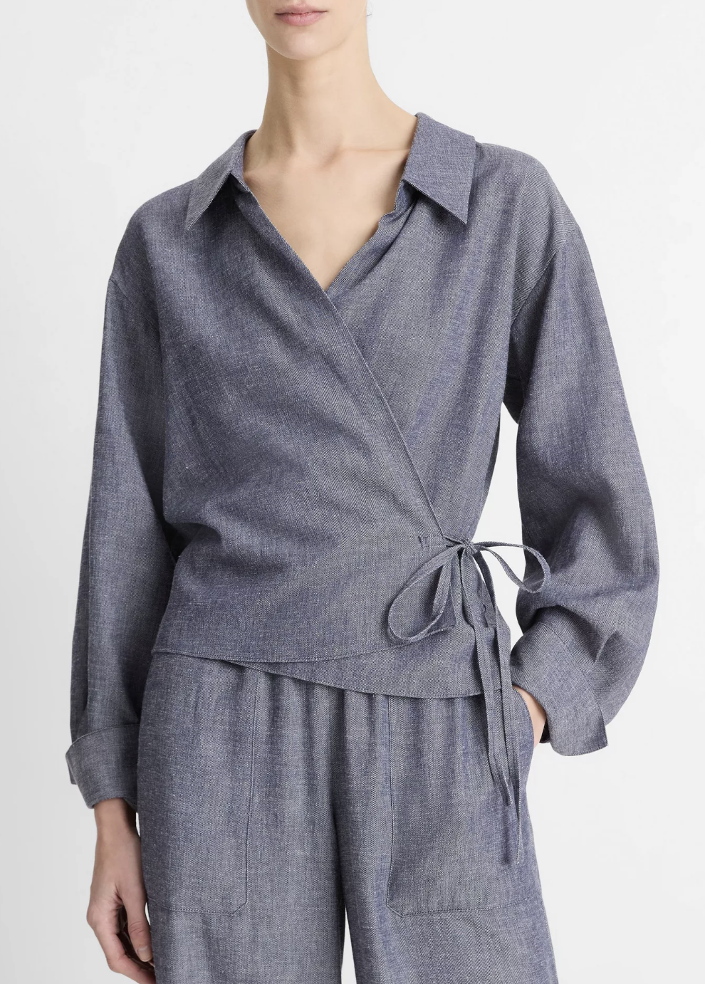 Collared Wrap Top-Denim-Vince-Mid Indigo-XXS-Mercantile Portland