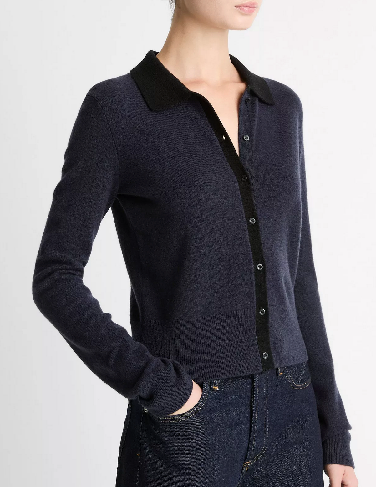 Contrast-Trim Wool & Cashmere-Blend Collared Cardigan-Sweaters-Vince-Night Marine/Black-XS-Mercantile Portland