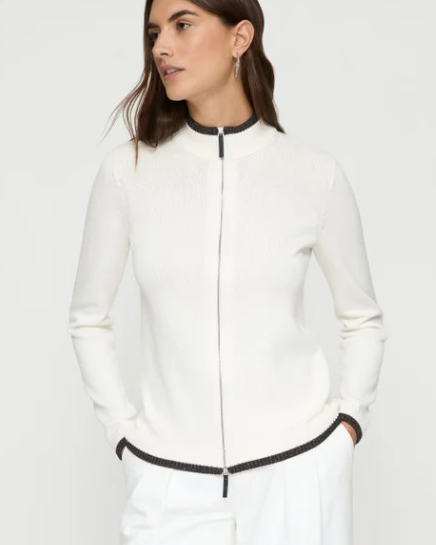 Cotton-Silk Tape Tipped Stand Collar Cardigan-Clothing-Lafayette 148-Cloud-XS-Mercantile Portland