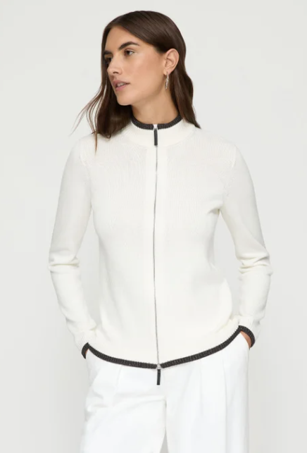 Cotton-Silk Tape Tipped Stand Collar Cardigan-Clothing-Lafayette 148-Cloud-XS-Mercantile Portland