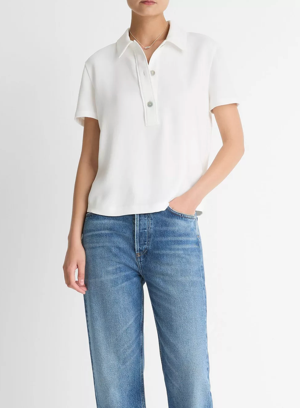 Crepe Polo Shirt-Tops-Vince-Coastal Blue-XS-Mercantile Portland