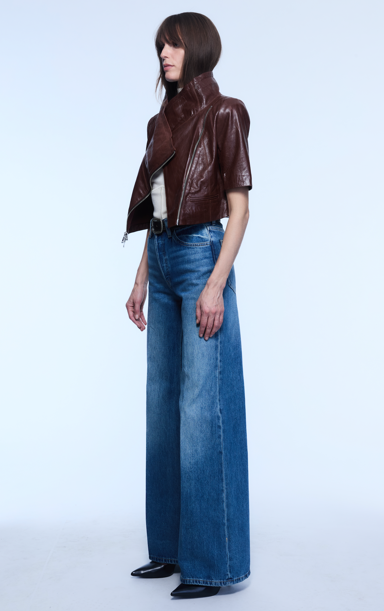 Cropped Leather Moto in Chocolate-Jackets-Yigal Azrouel-Chocolate-2-Mercantile Portland