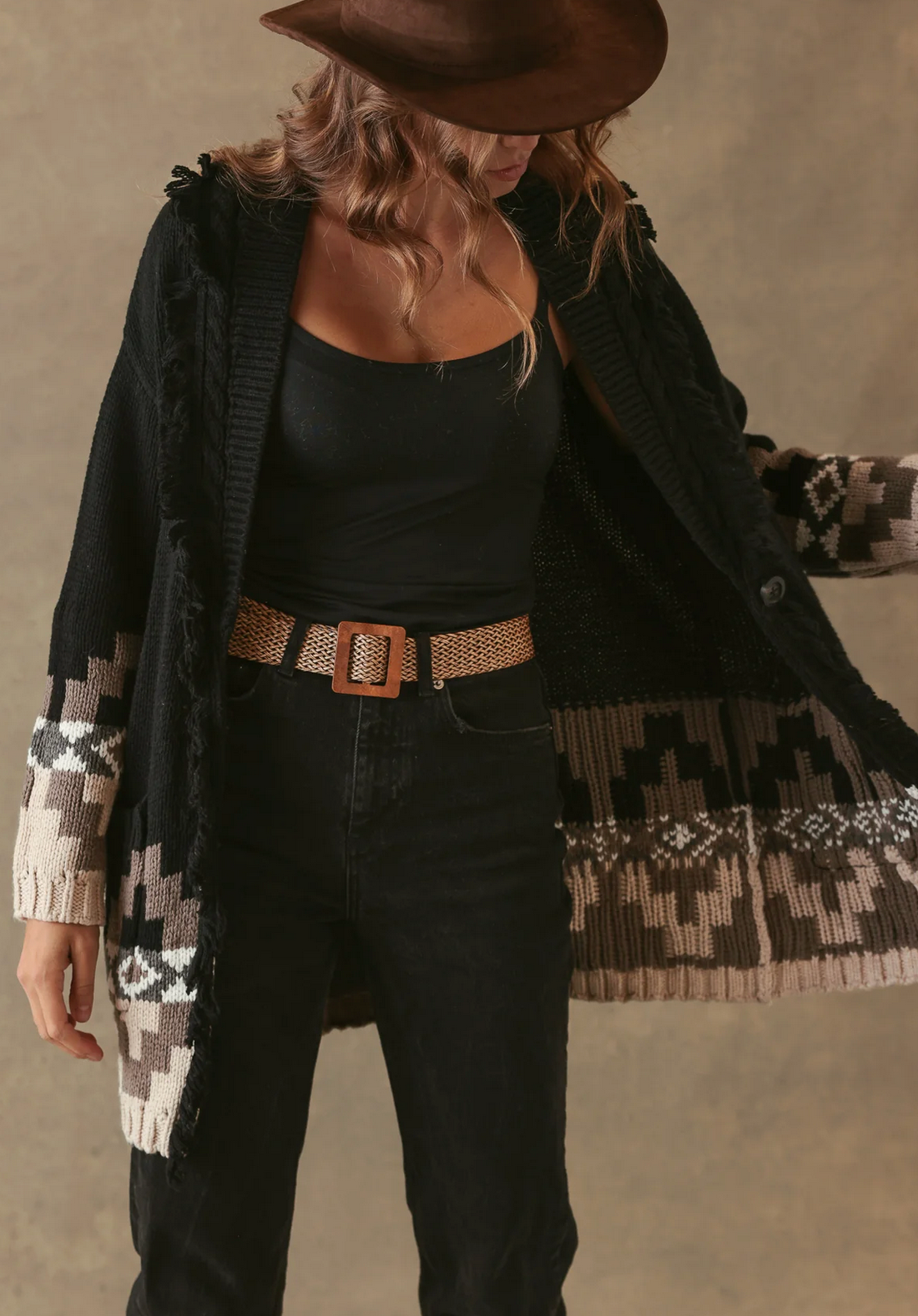 Demeree Cardigan with Southwestern Pattern-Staging-27 Miles-Black Combo-XS-Mercantile Portland