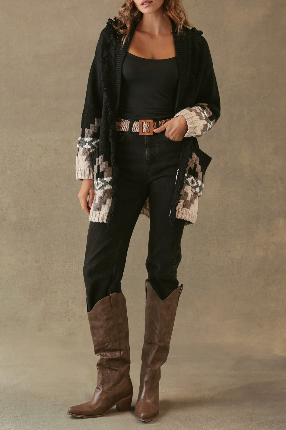 Demeree Cardigan with Southwestern Pattern-Staging-27 Miles-Black Combo-XS-Mercantile Portland