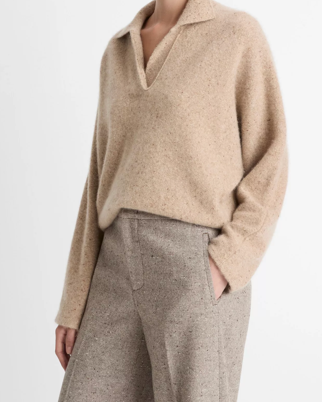 Donegal Plush Cashmere Dolman Sleeve Polo Sweater-Clothing-Vince-Heather Oat Donegal-XXS-Mercantile Portland