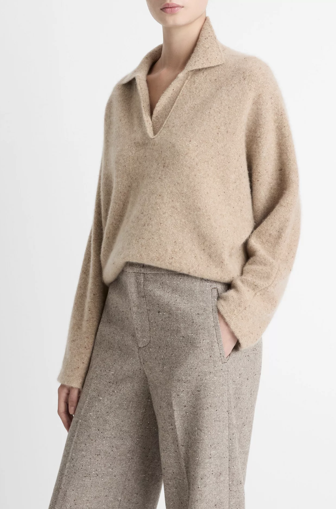 Donegal Plush Cashmere Dolman Sleeve Polo Sweater-Clothing-Vince-Heather Oat Donegal-XXS-Mercantile Portland