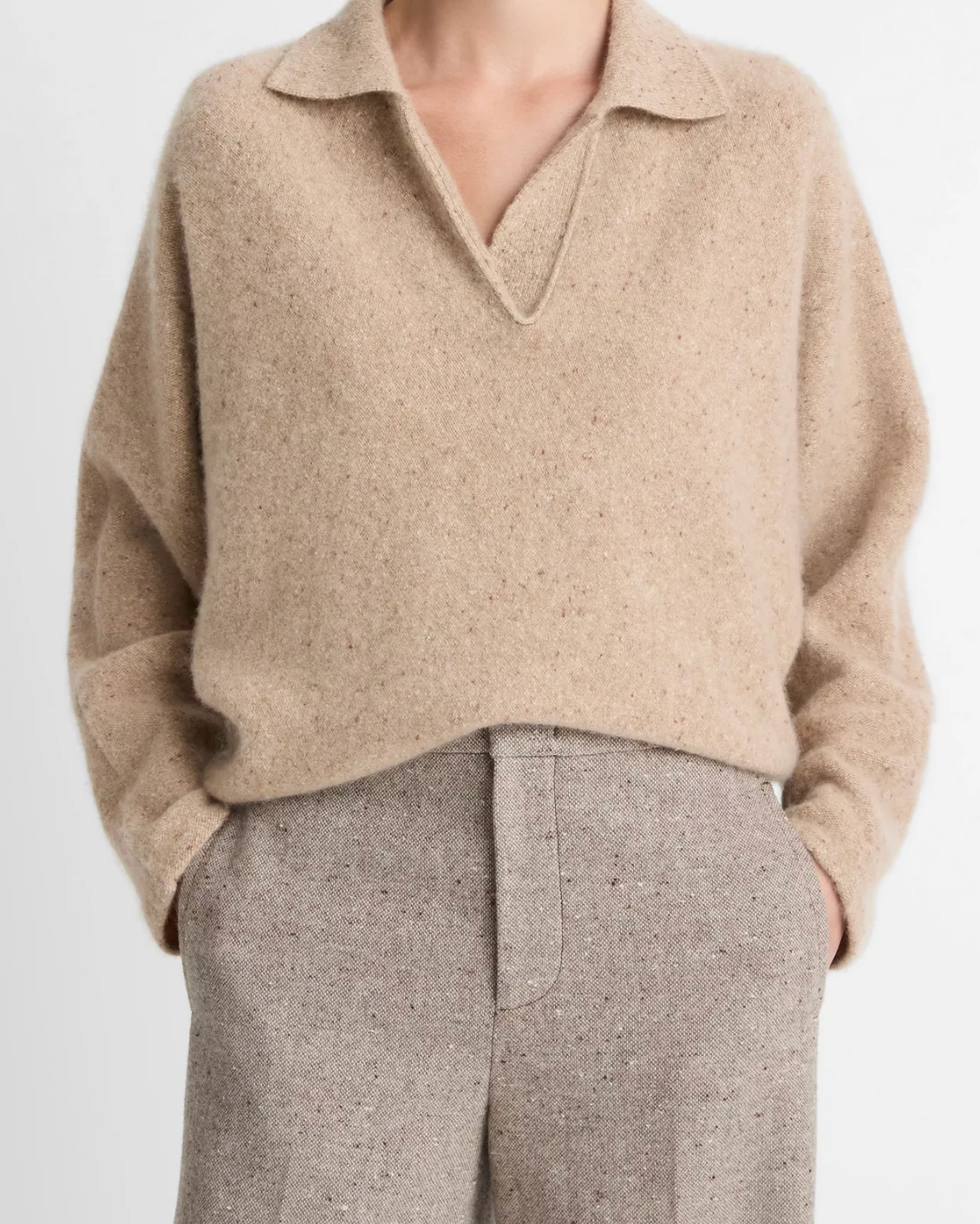 Donegal Plush Cashmere Dolman Sleeve Polo Sweater-Clothing-Vince-Heather Oat Donegal-XXS-Mercantile Portland