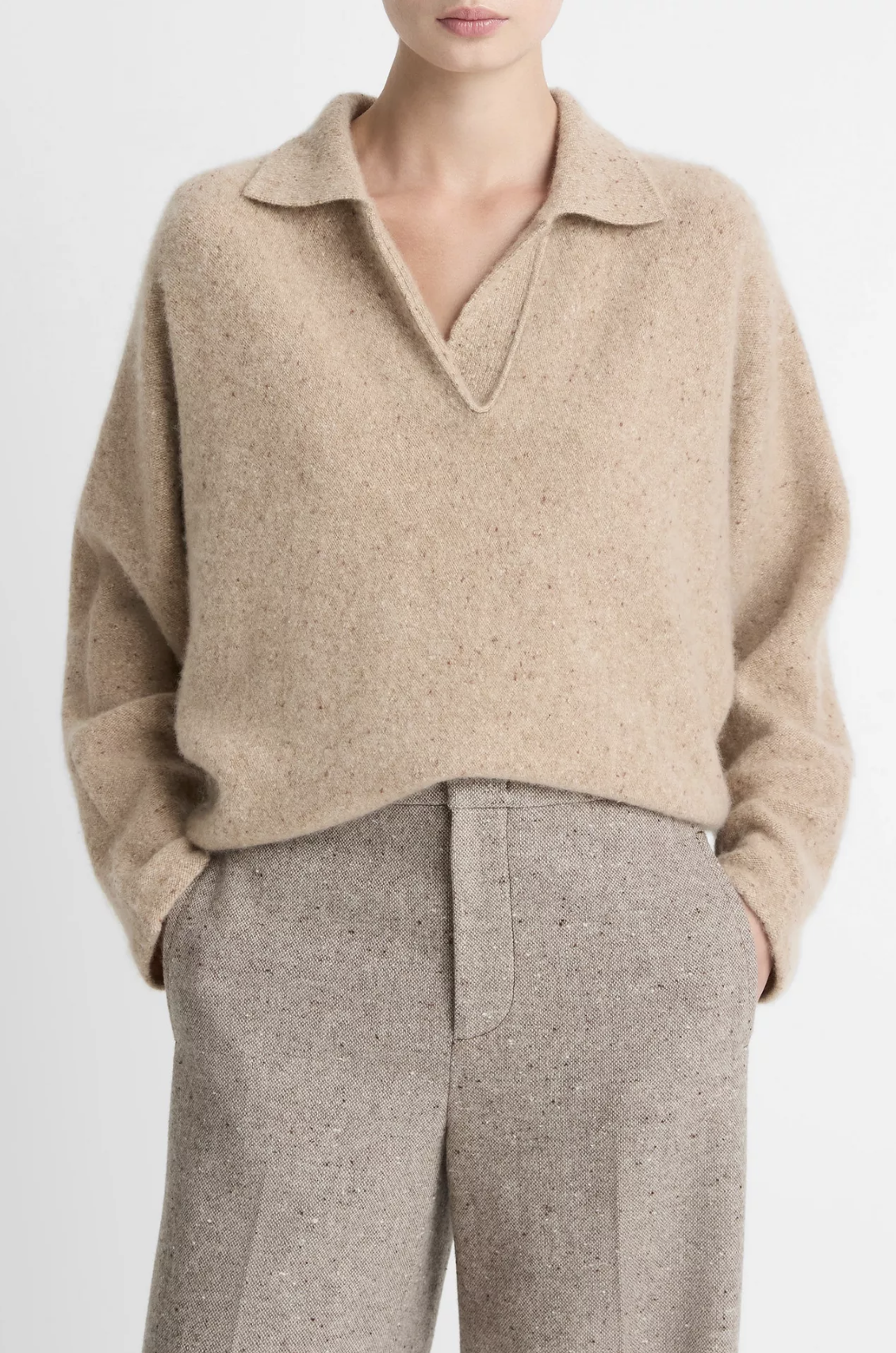 Donegal Plush Cashmere Dolman Sleeve Polo Sweater-Clothing-Vince-Heather Oat Donegal-XXS-Mercantile Portland
