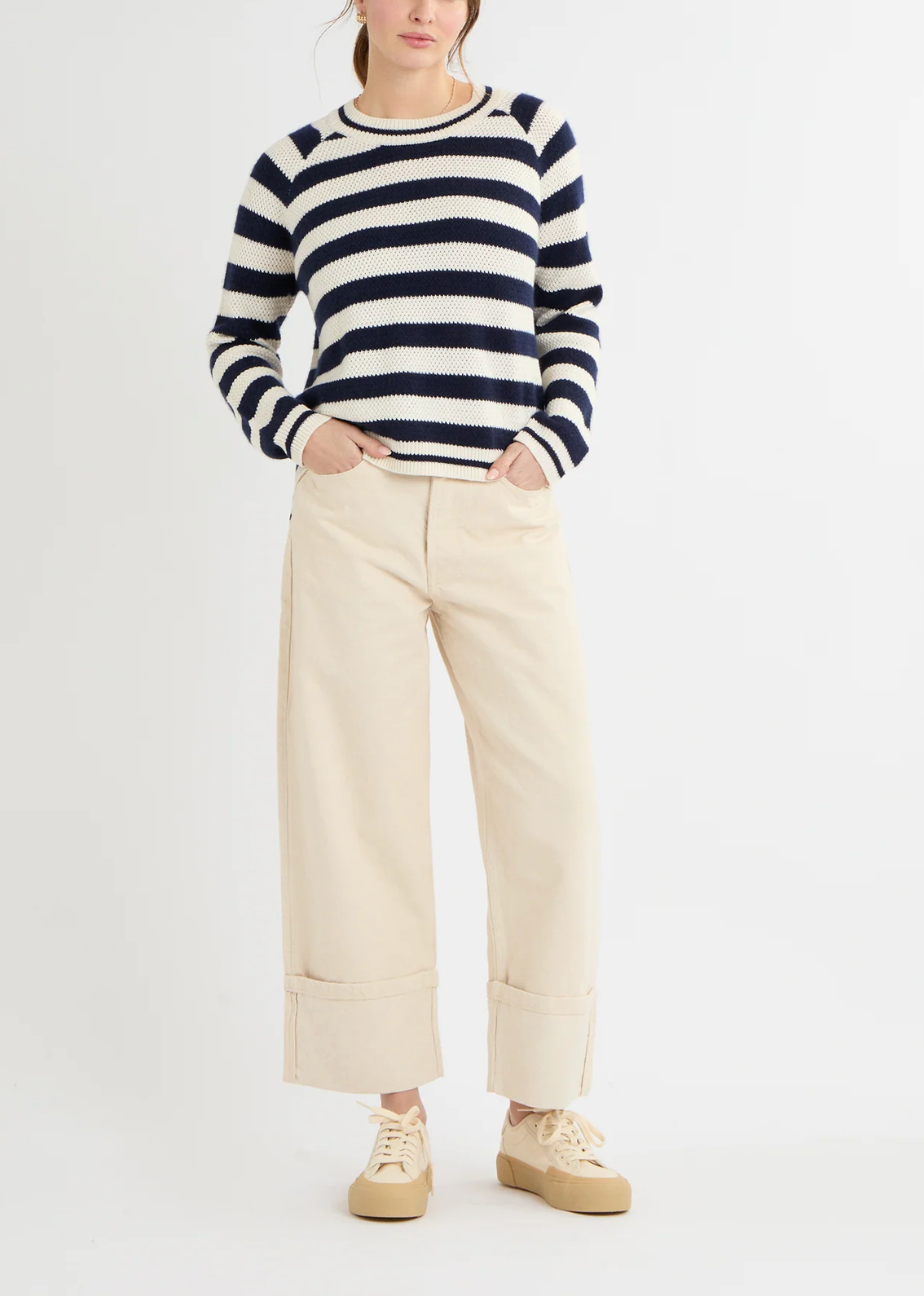 Dora Jumper in Navy Stripe-Sweaters-Cocoa Cashmere-Navy Stripe-XS-Mercantile Portland