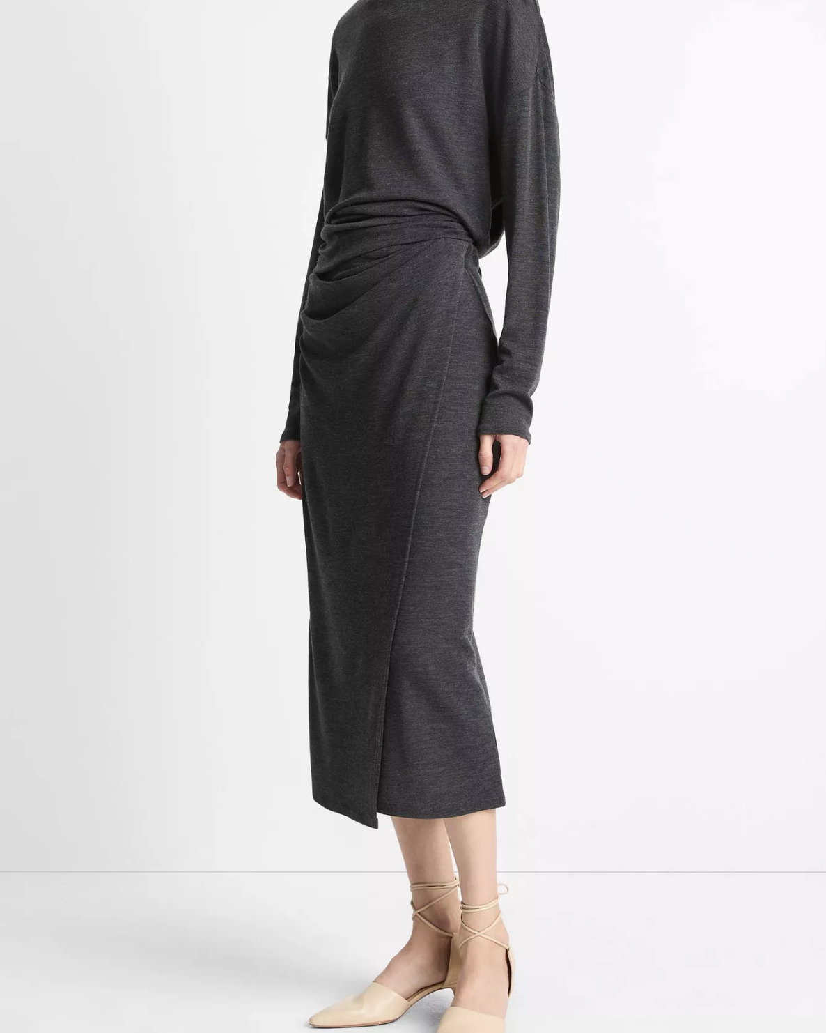 Draped Waist Wool Midi Skirt-Clothing-Vince-Dark Heather Grey-XXS-Mercantile Portland