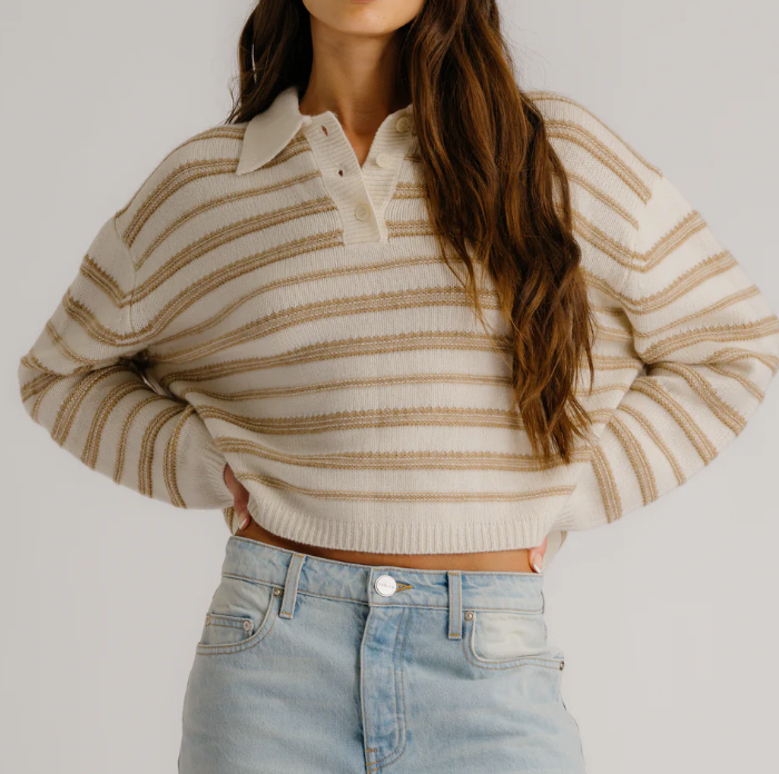 Elsie Relaxed Stripe Cashmere Polo-Sweaters-Sablyn-Gardenia Camel-XS-Mercantile Portland