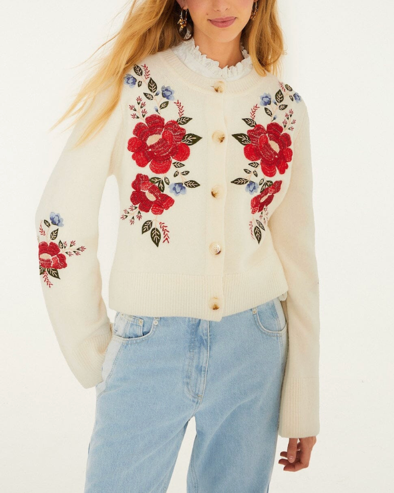 Embroidered Flowers Buttoned Cardigan-Sweaters-Farm Rio-Cream-XXS-Mercantile Portland