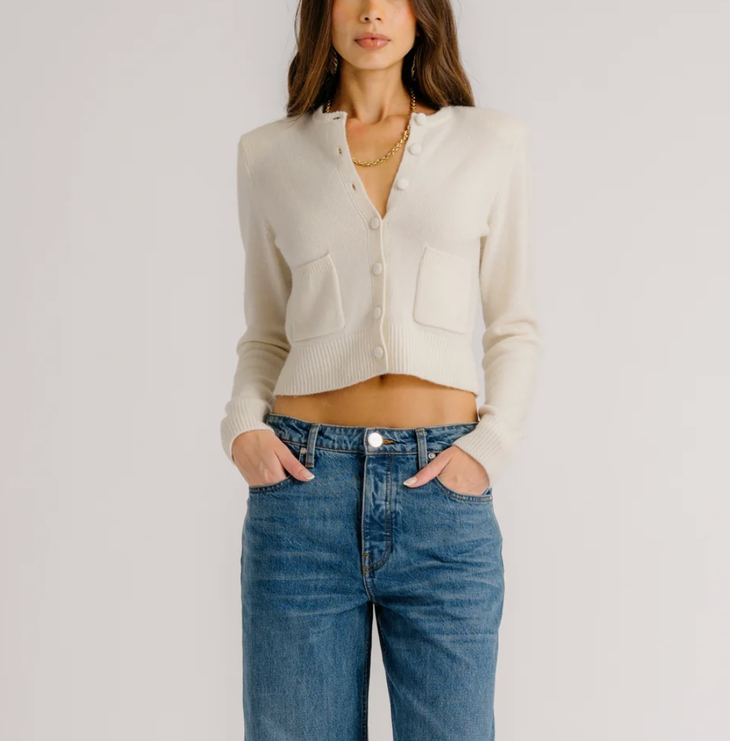 Emilia Shoulder Pad Cashmere Cardigan-Sweaters-Sablyn-Gardenia-XS-Mercantile Portland