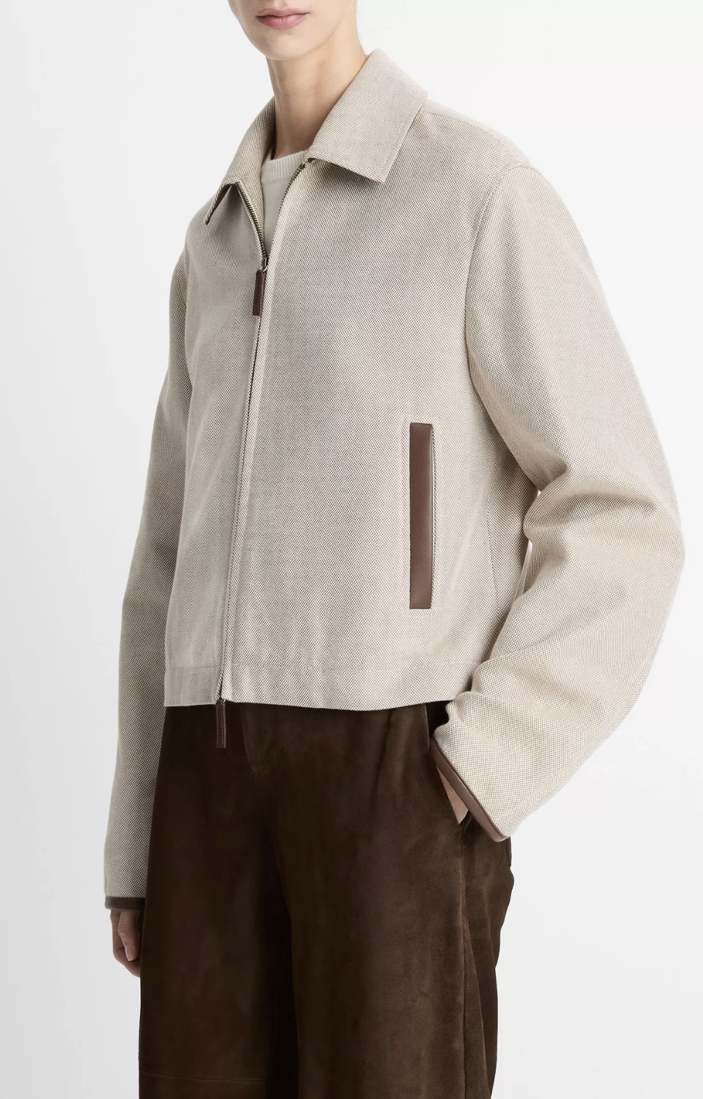 Faux Leather Trim Cotton Cropped Jacket-Jackets-Vince-villa stone-XXS-Mercantile Portland