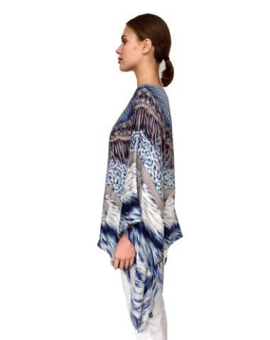 Feathers Cashmere Printed Poncho-Kaftans and Ponchos-Rani Arabella-Blue-OS-Mercantile Portland