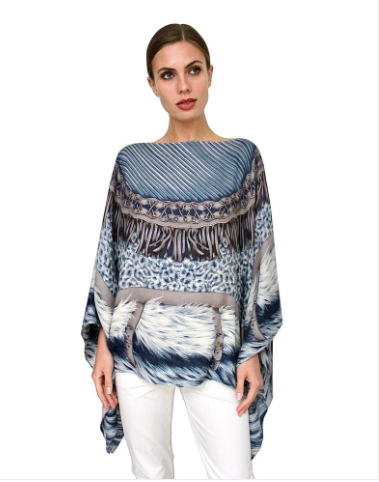 Feathers Cashmere Printed Poncho-Kaftans and Ponchos-Rani Arabella-Blue-OS-Mercantile Portland