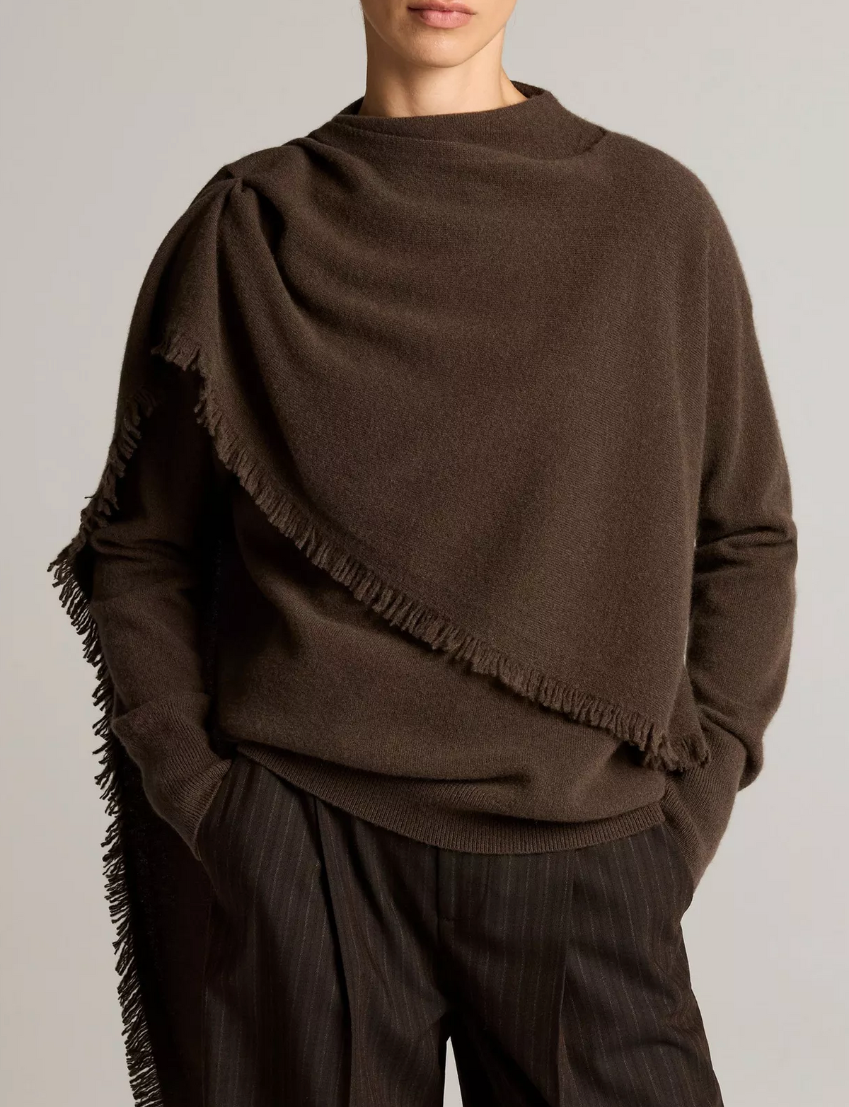 Fringed Draped-Shawl Sweater in Pinewood-Sweaters-Vince-Pinewood-XXS-Mercantile Portland