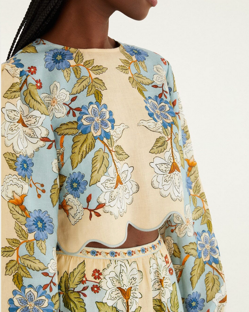 Garden Scarf Linen Blouse-Tops-Farm Rio-Cream / Blue-XS-Mercantile Portland