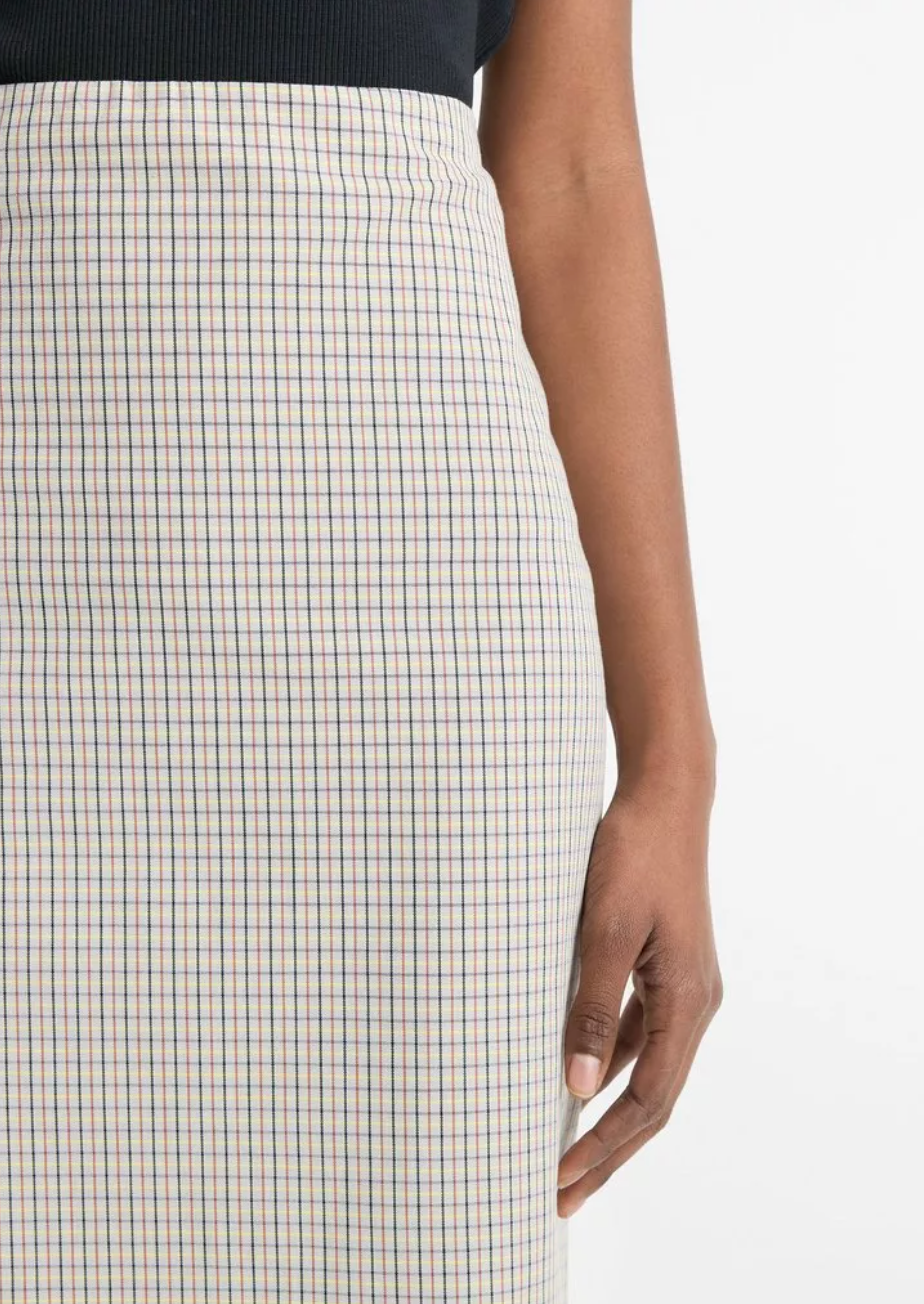 Gardener's Check Cotton Pencil Skirt-Skirts and Shorts-Vince-Stone/ Tan-00-Mercantile Portland