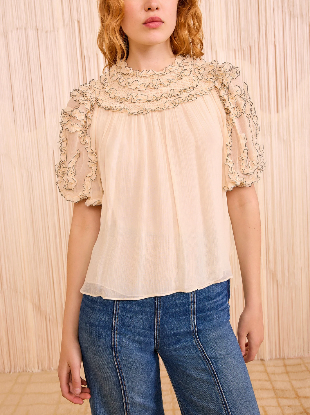 Isolda Smocked Blouse-Tops-Ulla Johnson-2-Chantilly-Mercantile Portland
