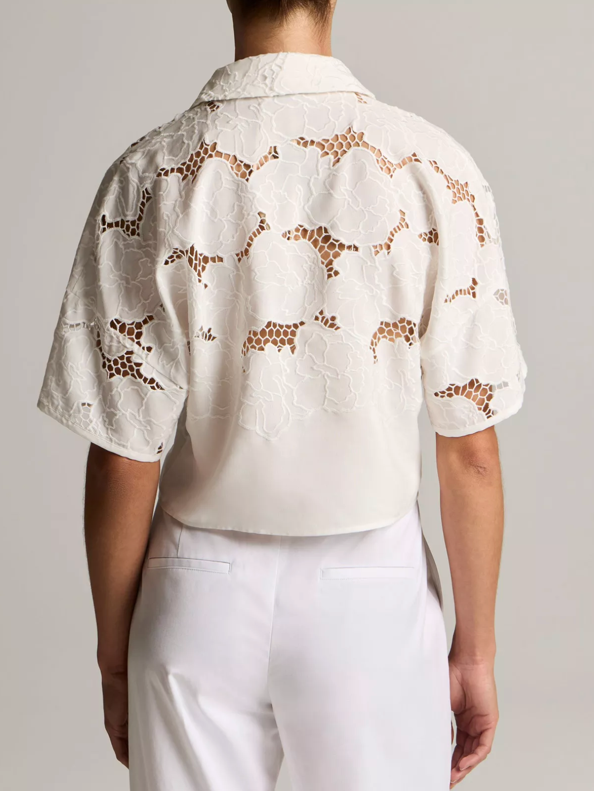 Lace Cropped Short-Sleeve Shirt-Shirts-Vince-Off White-XXS-Mercantile Portland