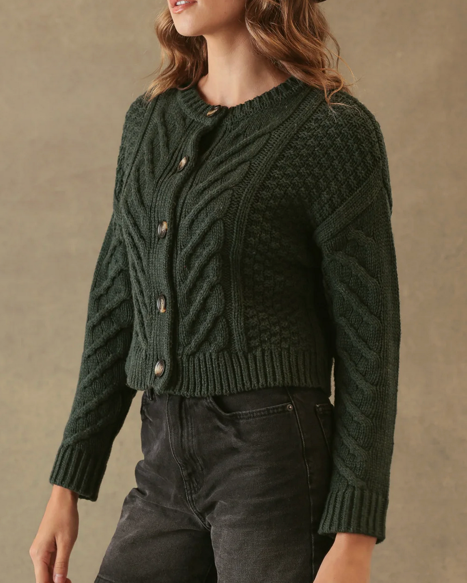 Malia Cropped Modern Cable Cardigan-Clothing-27 Miles-Forest-XS-Mercantile Portland