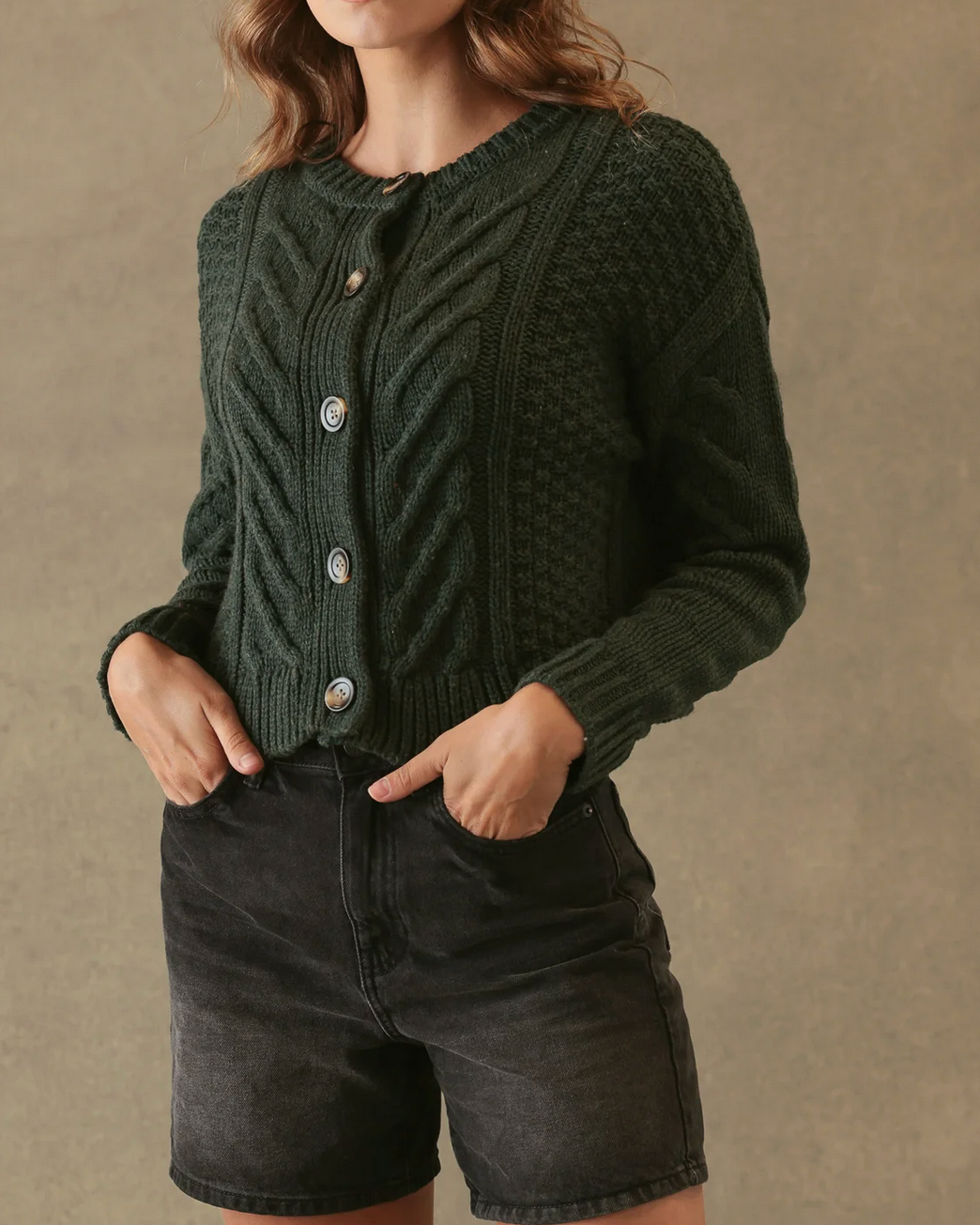 Malia Cropped Modern Cable Cardigan-Clothing-27 Miles-Forest-XS-Mercantile Portland
