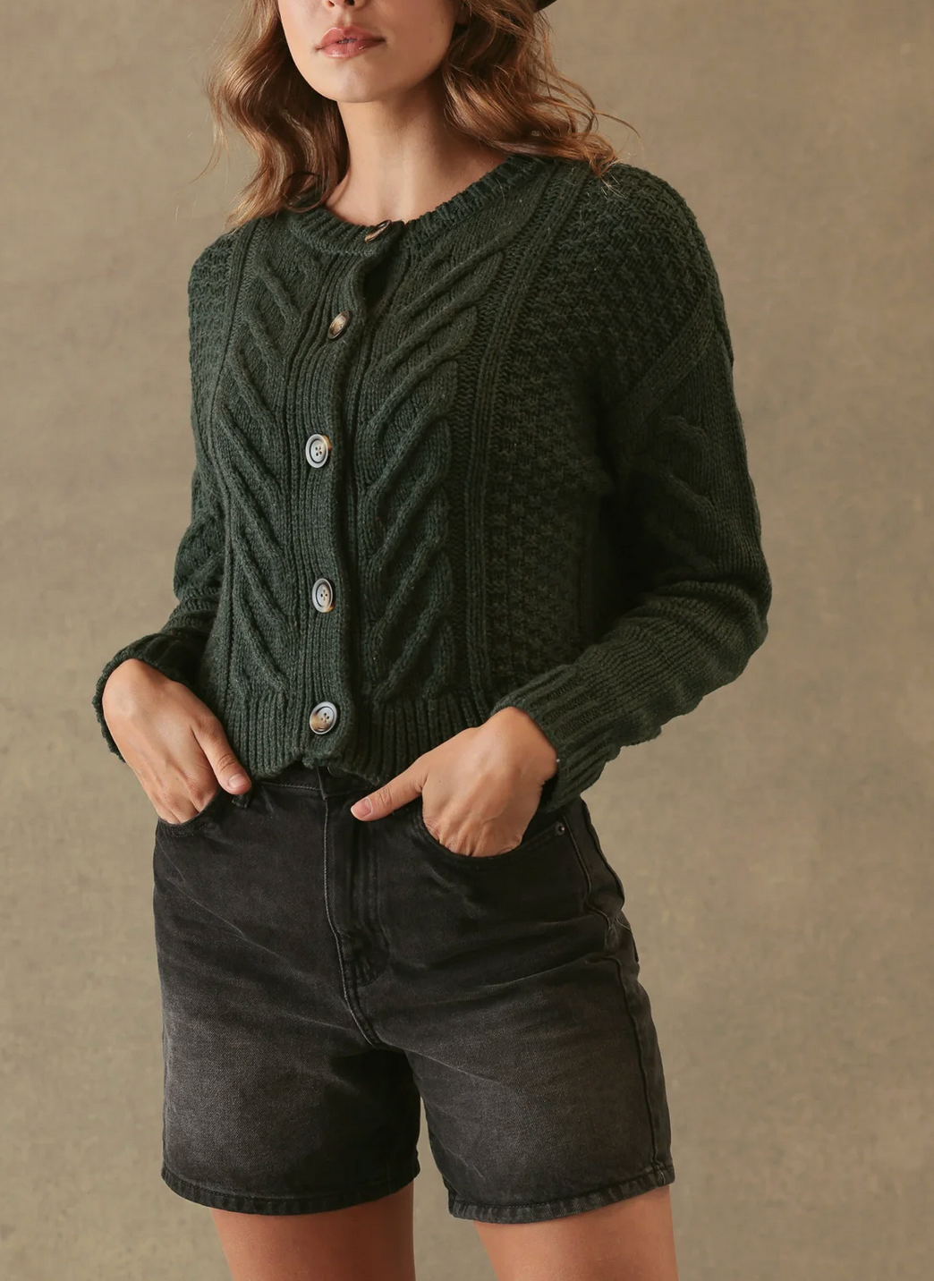Malia Cropped Modern Cable Cardigan-Clothing-27 Miles-Forest-XS-Mercantile Portland
