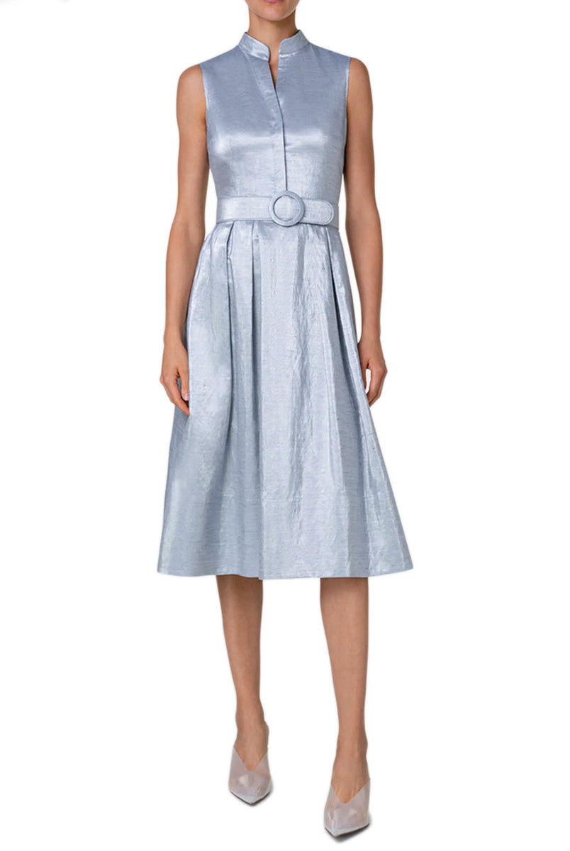 Metallic Cotton Belted Midi Dress-Dresses-Akris Punto-Silver Blue-2-Mercantile Portland