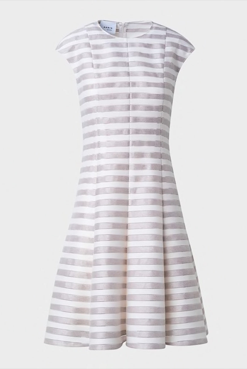 Metallic Kodak Stripe Jacquard Linen-Blend Cap-Sleeve Dress-Dresses-Akris Punto-Flax/Cream-2-Mercantile Portland