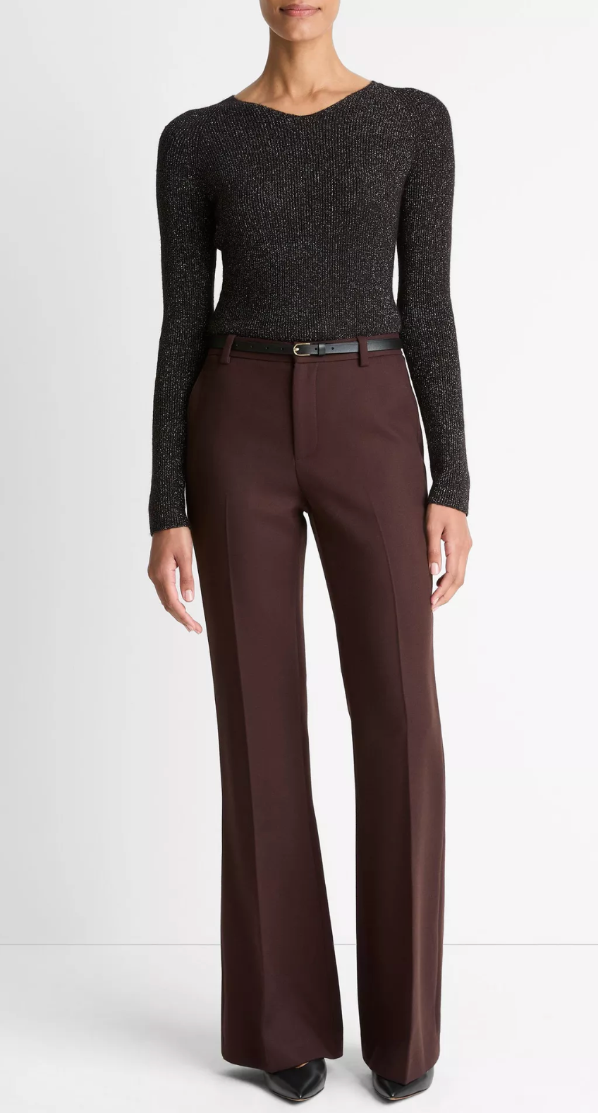 Metallic Ribbed High V-Neck Sweater-Sweaters-Vince-Black Metallic-XXS-Mercantile Portland