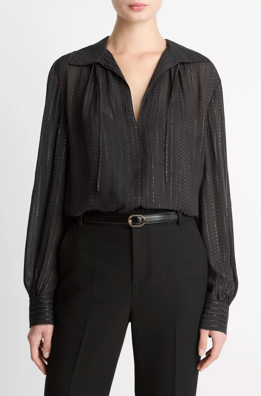 Metallic-Stripe Gathered Blouse-Shirts-Vince-Black-XS-Mercantile Portland