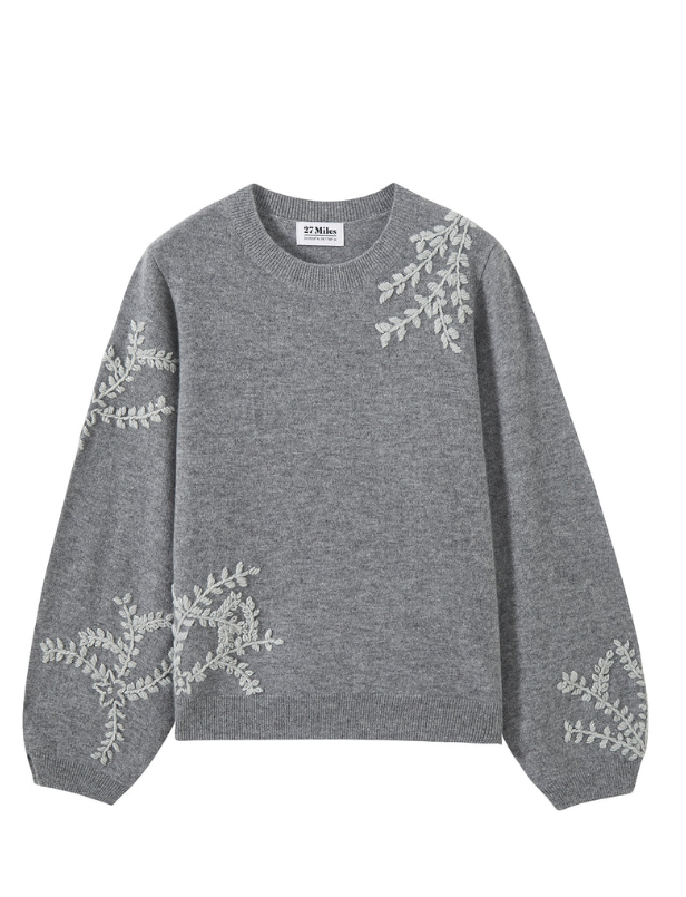 Pelta Floral Embroidered Cashmere Crewneck-Sweaters-27 Miles-Heather Chrome-M-Mercantile Portland