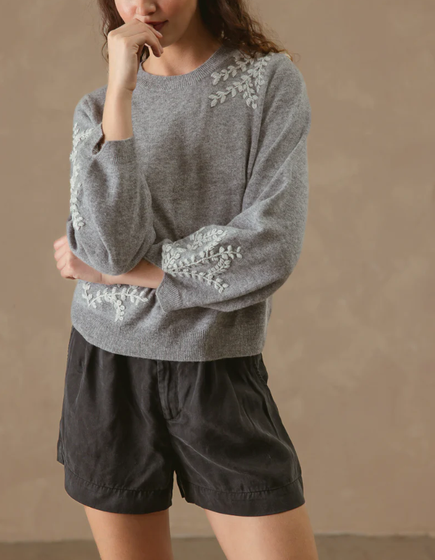 Pelta Floral Embroidered Cashmere Crewneck-Sweaters-27 Miles-Heather Chrome-M-Mercantile Portland