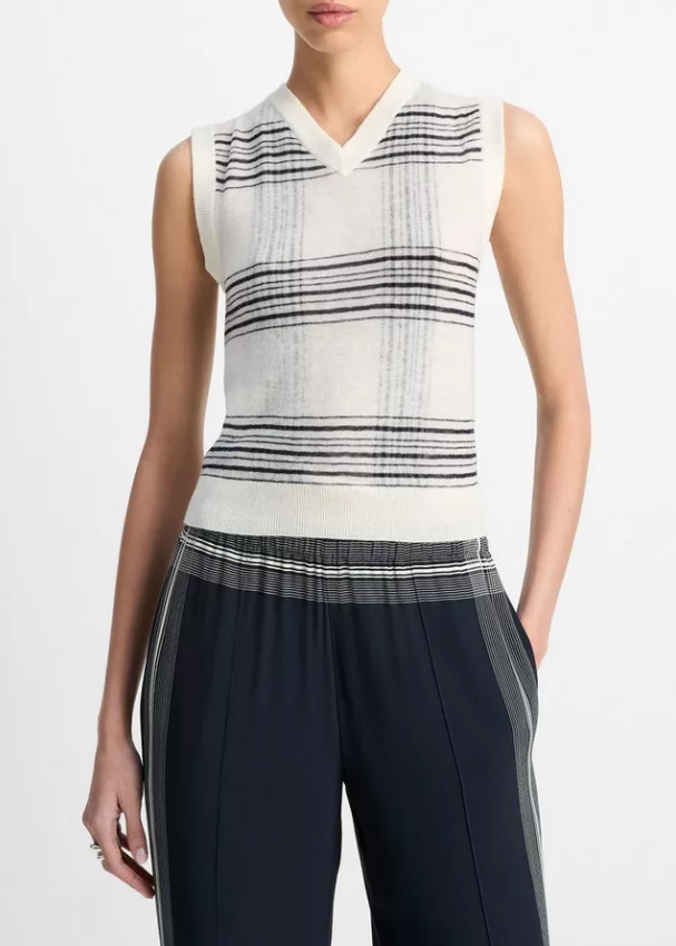 Plaid V-Neck Vest-Tops-Vince-Off White Coastal-XXS-Mercantile Portland