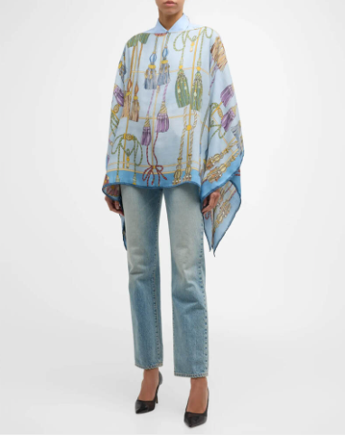 Remini Cashmere Printed Poncho-Kaftans and Ponchos-Rani Arabella-Light Blue-OS-Mercantile Portland