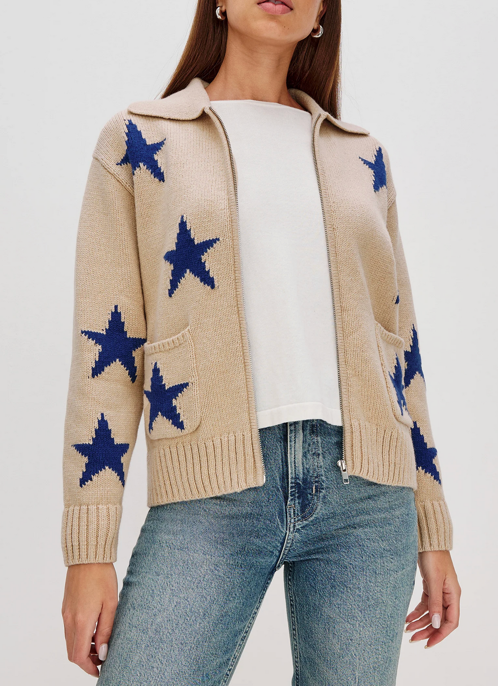 Rhea Cardigan with Cobalt Stars-Sweaters-Rails-Camel with Cobalt Stars-XS-Mercantile Portland