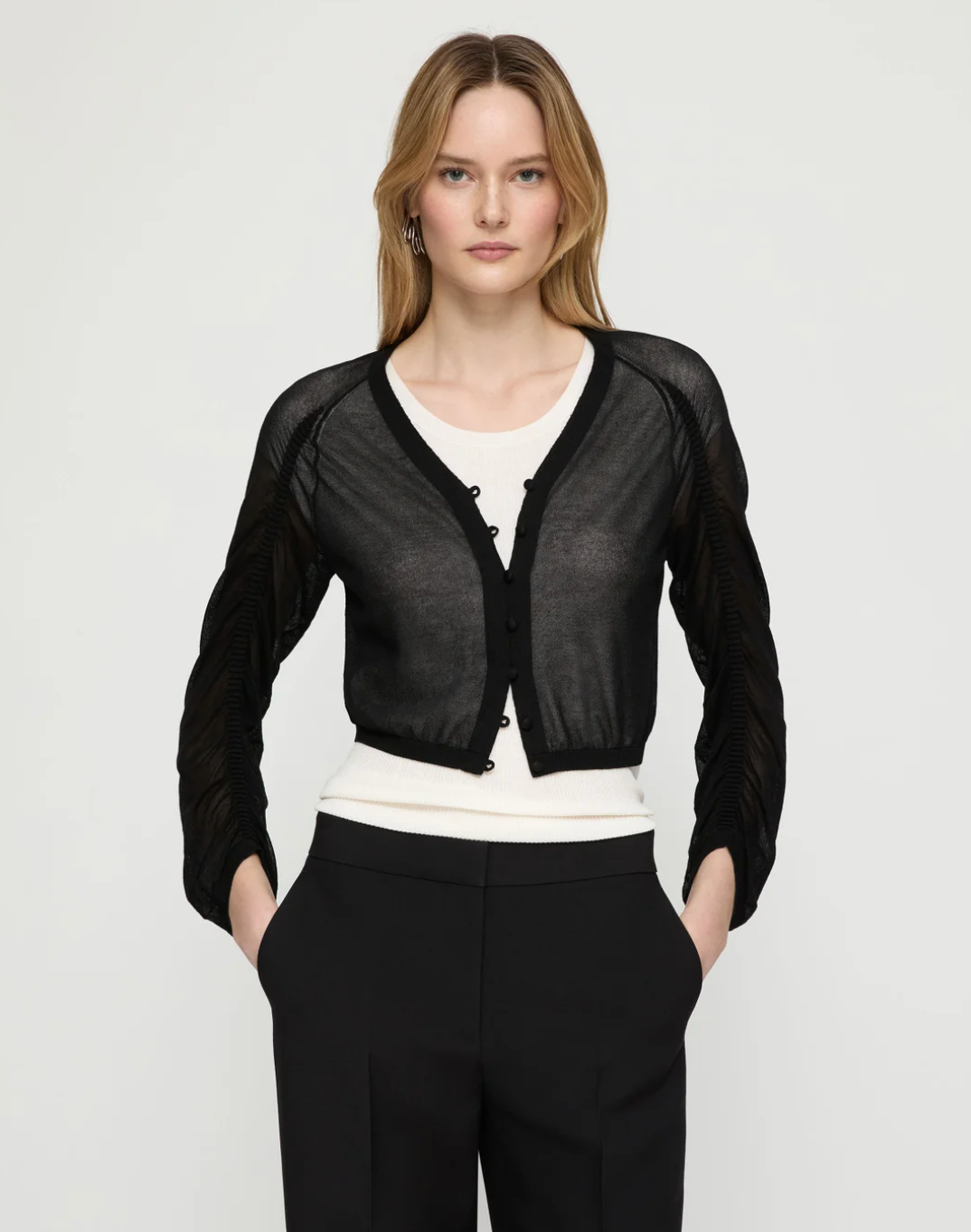 Ruched Sleeve Cropped V-Neck Cardigan-Tops-Lafayette 148-Black-XS-Mercantile Portland