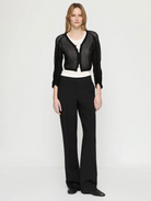 Ruched Sleeve Cropped V-Neck Cardigan-Tops-Lafayette 148-Black-XS-Mercantile Portland