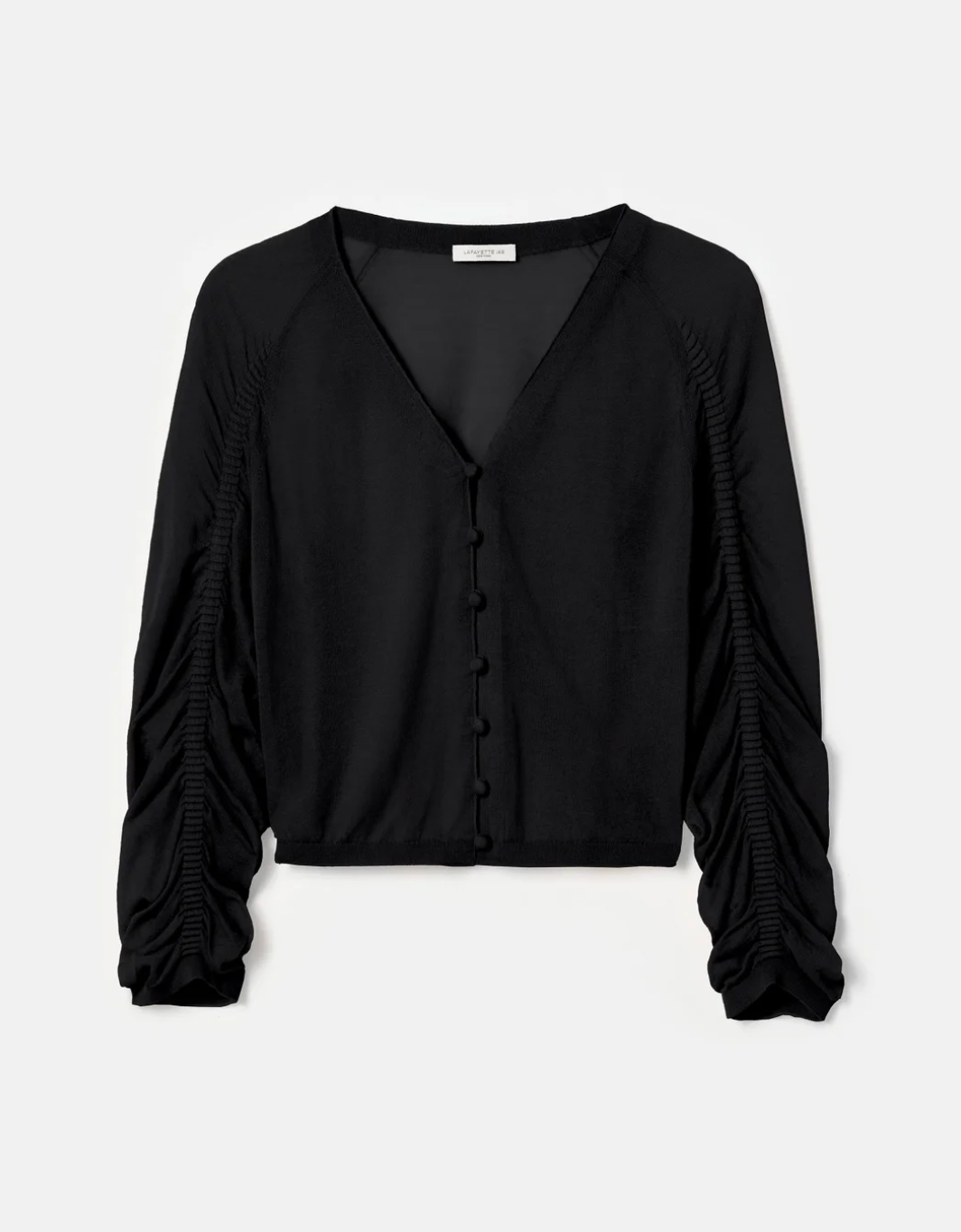 Ruched Sleeve Cropped V-Neck Cardigan-Tops-Lafayette 148-Black-XS-Mercantile Portland