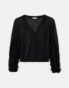 Ruched Sleeve Cropped V-Neck Cardigan-Tops-Lafayette 148-Black-XS-Mercantile Portland