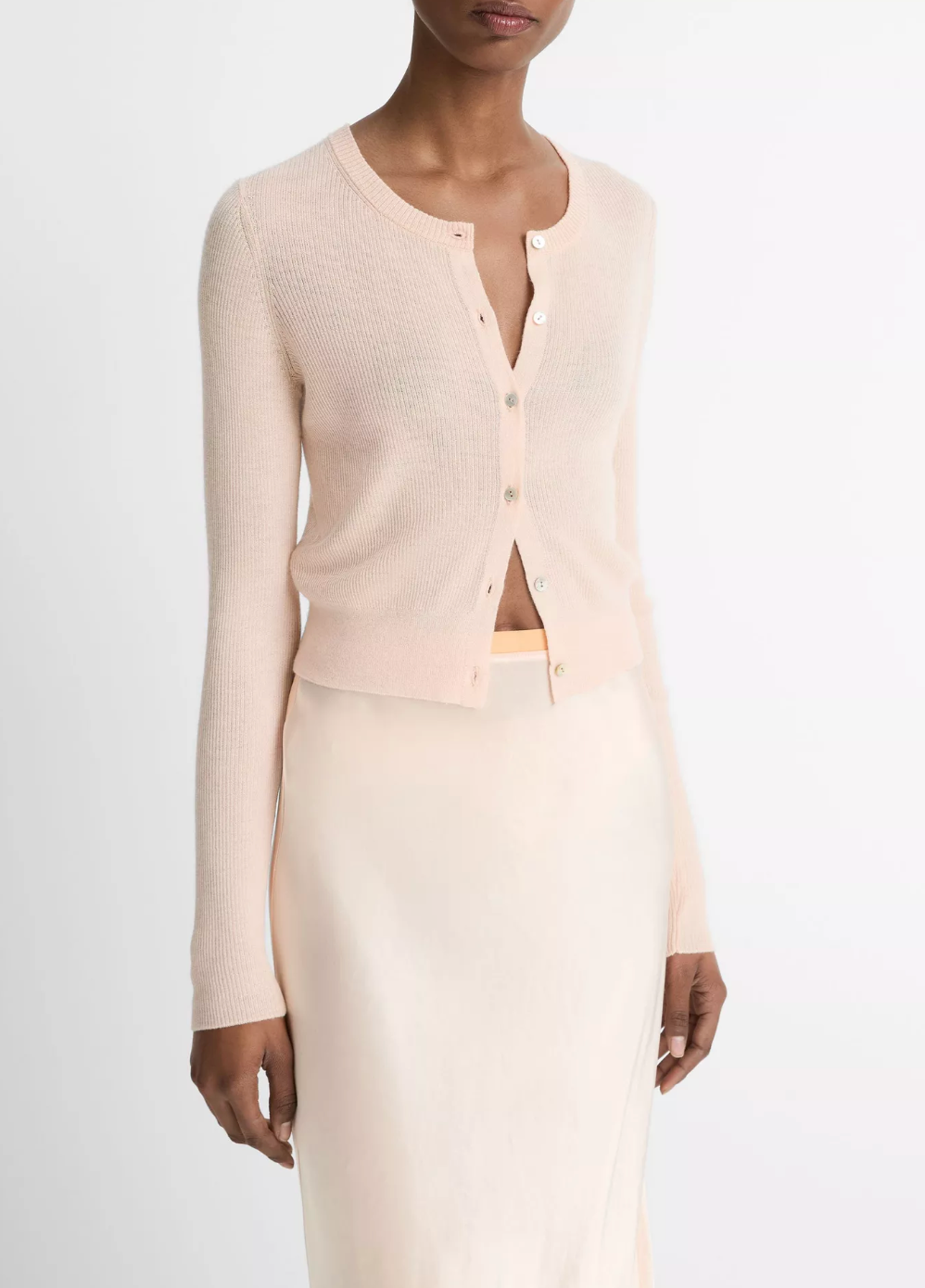 Slim Cashmere-Silk Ribbed Cardigan-Sweaters-Vince-Rose Nectar-XS-Mercantile Portland