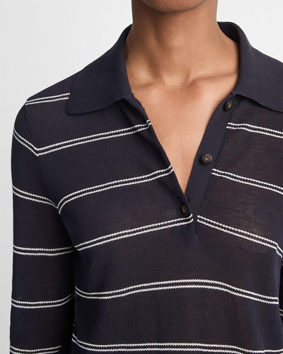 Striped Italian Cotton Piqué Polo Shirt-Shirts-Vince-Coastal Blue/Off White-XXS-Mercantile Portland