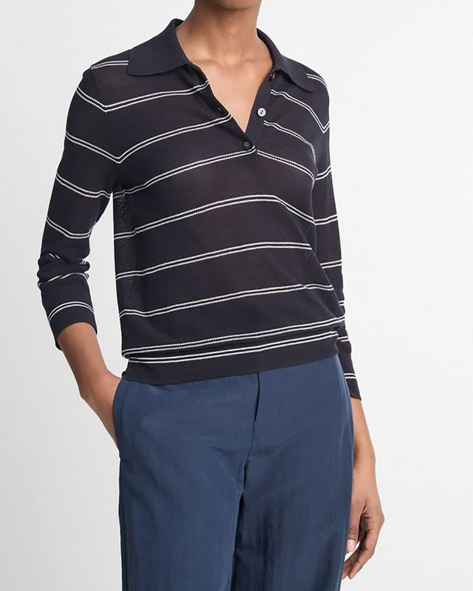 Striped Italian Cotton Piqué Polo Shirt-Shirts-Vince-Coastal Blue/Off White-XXS-Mercantile Portland