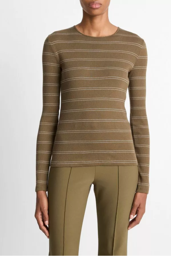 Striped Ribbed Long Sleeve T-Shirt-T-Shirts-Vince-Cypress Combo-XXS-Mercantile Portland