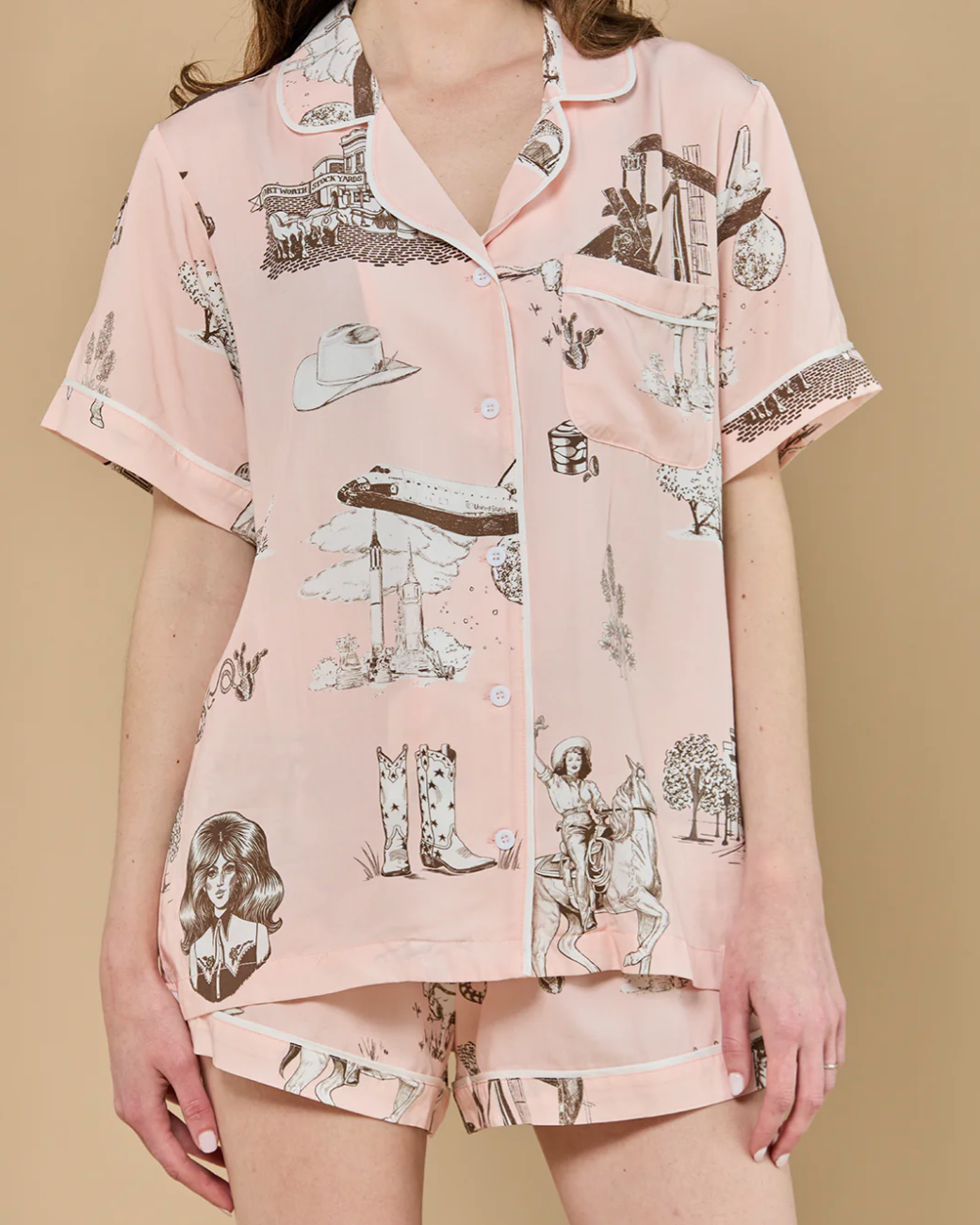 Texas Toile PJ Shorts Set-Clothing-Katie Kime-Pink Brown-XS-Mercantile Portland